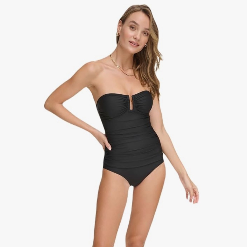 DKNY Womens U-Wire Bandeau One Piece Swimsuit with Tummy Control